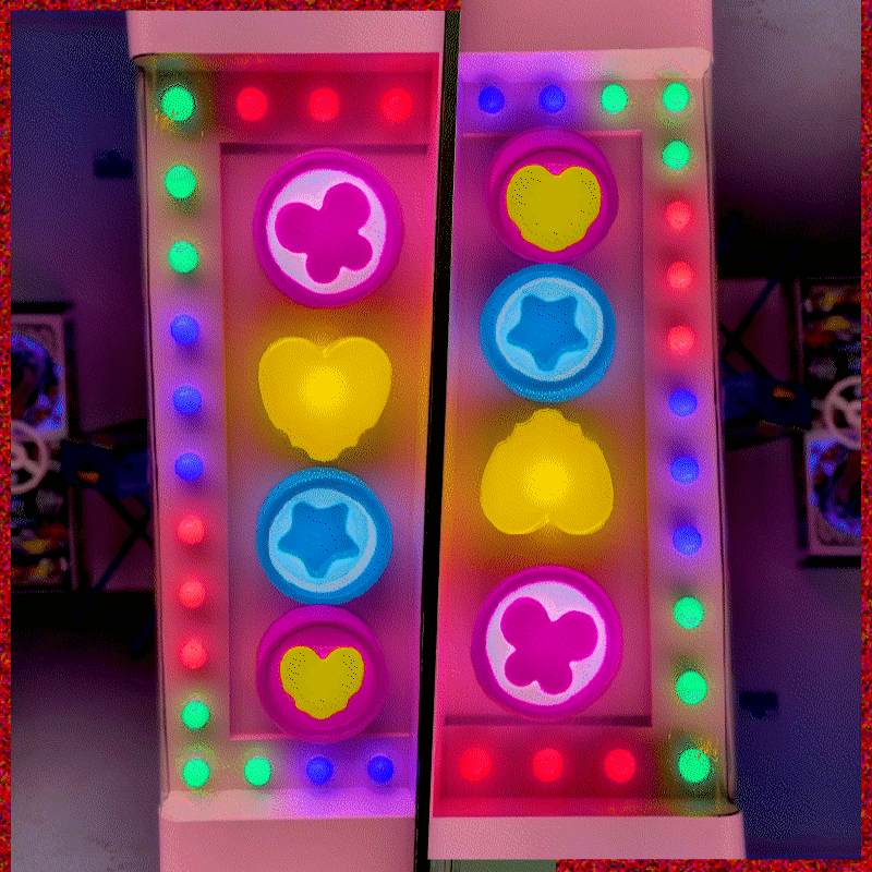 A looped give of bright, flashing lights from a vending machine